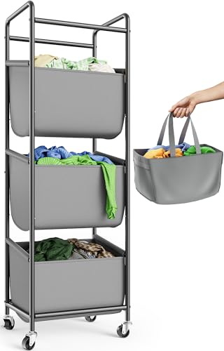 3 Section Laundry Sorter with Removable Bags, 120L Rolling Vertical Laundry Hamper, Stackable Laundry Baskets organizer for Bathroom, Apartment, Dorm (Gray, With Wheel)