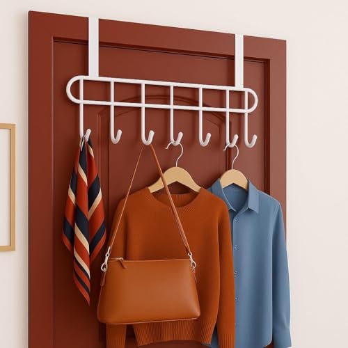 Image of Kundi Multi-Functional Over-the-Door Hook Hanger Rack - Heavy-Duty Steel Wall Hook Organizer with 7 Hooks for Clothes, Towels, Kitchen & Bathroom (Set of 2 White)