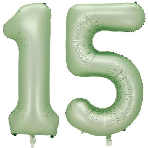 Image of Sage Green Number 15 Balloon,15 Balloon for Birthday Party Decorations | 15 Number Balloon,40 Inch 15 balloons,Helium-fillable,15 Foil Mylar Balloons,for Boys Girls Birthday Party Decorations