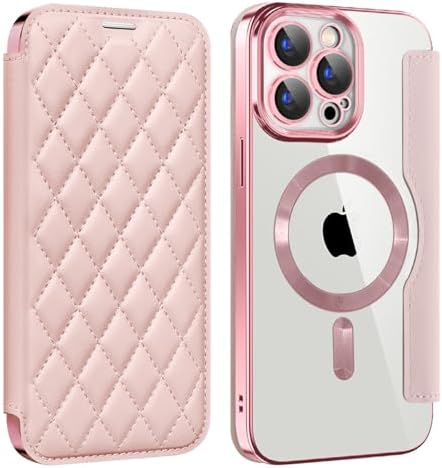 Leather Case Compatible with iPhone 15 Pro 6.1'', Magnetic Case with RFID Blocking Credit Card Holder, Personalized Leather Textured Flip Phone Case Shockproof Cover for iPhone 15 Pro (6.1" Pink)