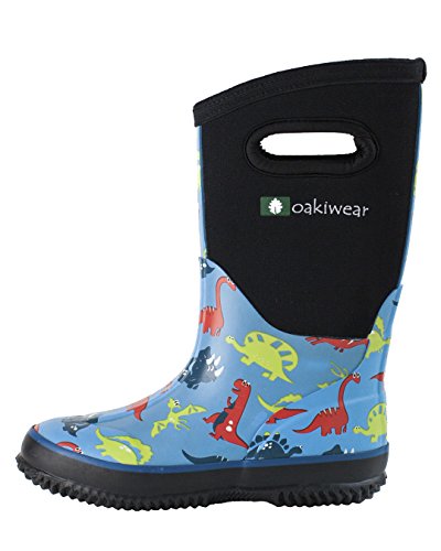 OAKI Kids Neoprene Rain Boots â€“ Waterproof Insulated Outdoor Boots for Rain & Snow, Pull-On Muck Style Footwear, Playful Dinosaur Print, 4Y