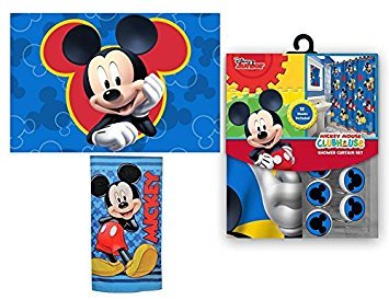 15pc Disney Mickey Mouse Clubhouse Shower Curtain Bath Towel Foam Mat Hooks Set