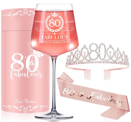Cyrelwing 80TH Birthday Gifts for Women,Vintage Engraved 80th Wine Glass,80 Year Old Birthday Decorations For Her,80&Fabulous Sash and Tiara For Women,Friends,Sister-Turning 80th Party Favor Supplies