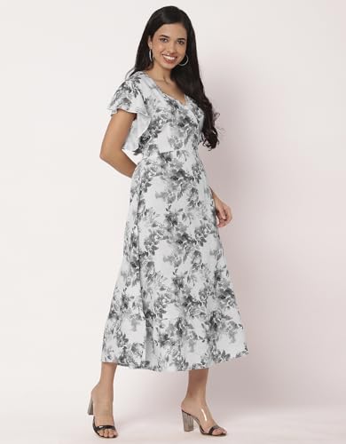 Image of Moomaya Women's Printed Dress, V-Neck, Short Sleeves, Ruffled Midi Summer Dress