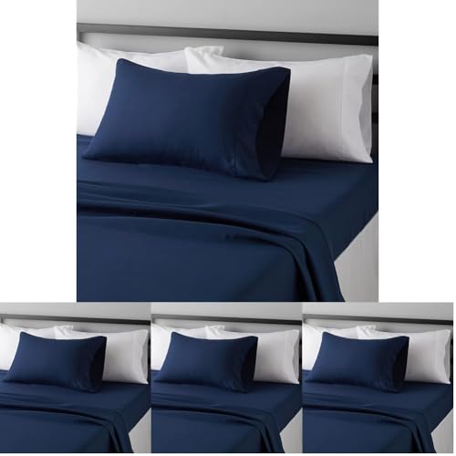 Image of Amazon Basics Lightweight Super Soft Easy Care Wrinkle Free Microfiber 3 Piece Bed Sheet Set with 14-Inch Deep Pockets, Twin, Navy Blue, Solid, Kids, Men & Women Bedding (Pack of 4)
