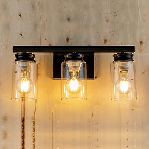 Image of Bathroom Vanity Light, 3-Light Modern Matte Black Wall Sconce Lighting with Clear Glass Shade, Black Wall Lights, Vanity Lighting Over Mirror for Bedroom, Living Room-1Pack