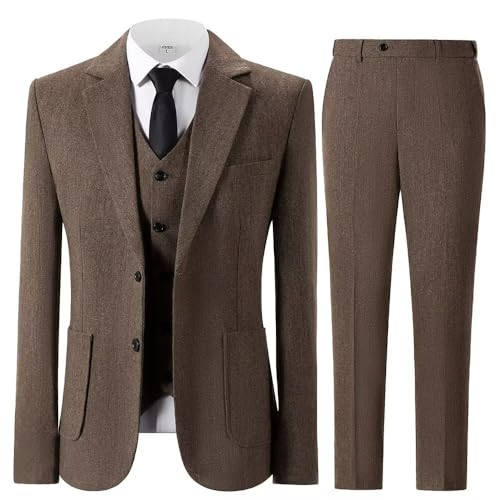 Men's Retro 3 Piece Herringbone Tweed Suit Wool Tuxedos Set Groom Wedding Prom3