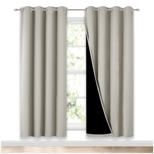Image of NICETOWN 100% Blackout Window Curtain Panels, Full Light Blocking Drapes with Black Liner for Nursery, 72-inch Drop Thermal Insulated Draperies (Natural, 2 Pieces, 52-inch Wide Per Panel)