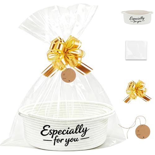 Image of Small Empty Gift Basket with Bow, Ribbon, Tag & Clear Bag - inchEspecially for You inch Embroidered Cotton Rope Bin (12x8x5 inch) for Birthdays, Graduations, Father's Day & Holidays