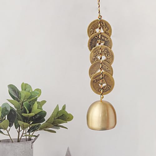 Hanging Bell for Door Chinese Feng Shui Bell with 5 Coins for Wealth and Healthy Good Luck Home Hanging Pendant Wind Chime