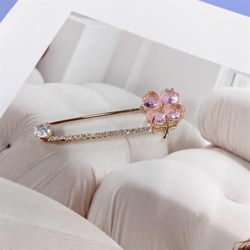Image of Dainty Clover CZ Brooch Safety Pins Clip Scarf Sweater Shawl Waist Pants Luxury Sparkly Rhinestones Brooches for Collar Dress Skirt Suit Fashion Jewelry for Shamrock Party Birthday 2.2in