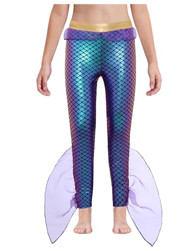 Yartina Kids Girls Mermaid Role Play Bottoms Mesh Waist Ruffle Flared Pants Metallic Fish Scales Print Pants Purple 14 Years
