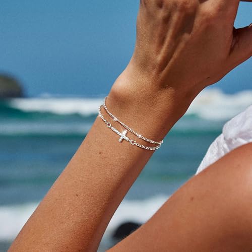 Layered Cross Bracelet for Women Adjustable 14K Gold Silver Plated Dainty CZ Sideways Cross Bracelet Beaded Satellite Double Chain Stack Bracelet for Women Faith Jewelry Religious Christian Gift4