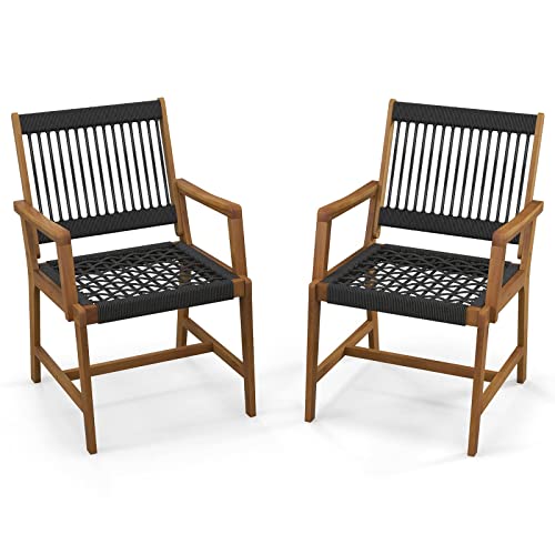 COSTWAY Chaises de Jardin Extérieur Lot de 2 en Bois d’Acacia, Chaise de Salle à Manger en Corde avec Accoudoirs, Fauteuil Jardin Extérieur Intérieur...