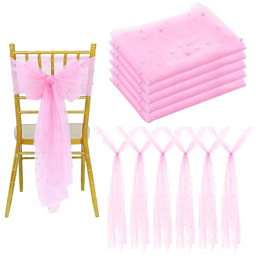 twinklemon 36 pièces de Rubans Roses pour chaises de Mariage avec Perle, 250 x 30 cm Rubans en Tulle pour Décoration Rustique de Cérémonie et Allée pour...
