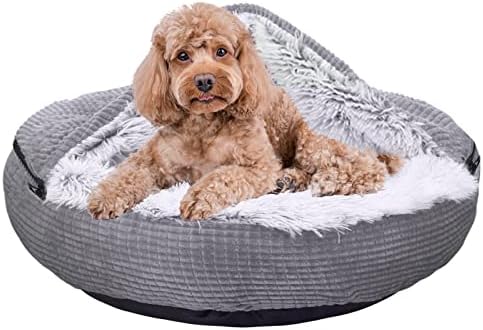 HEOU Dog Bed for Small Dogs，Calming Dog Bed with Blanket Attached, Anti Anxiety Donut Dog Bed, Round Dog Beds Washable, Anti-Slip Bottom, Grey, 24inch, Fits up to 25lbs