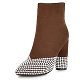  Gicoiz Strass Chelsea Femme Pointu Bottes de Cheville Zip Formal Bloc Hauts Soirée Dancing Suède Bottines Mode Marrón Taille 36.5 EU-37Cn