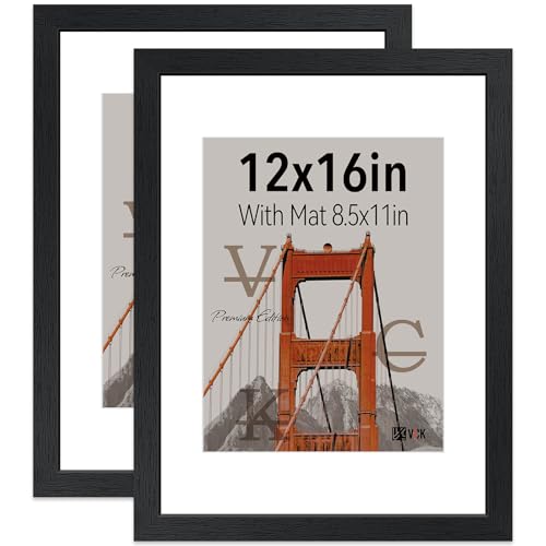 VCK 12x16 Picture Frame 2 Pack - Black, High-End Wood Poster Frames with Tempered Glass, Display 8.5x11 Photo with Mat or 12x16 without Mat, Art Gallery-Quality, Wall Hanging, Black