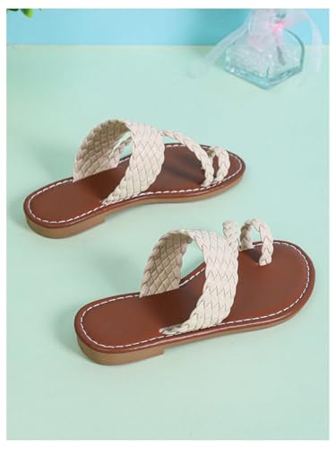 Image of GORGLITTER Girl's Strappy Leather Flats Sandal Cute Braided Dressy Toe Ring Slip on Slide Sandals
