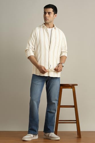 Image of Peter England Men's Linen Blend Shirt | Subtle Stripes | Full Sleeves
