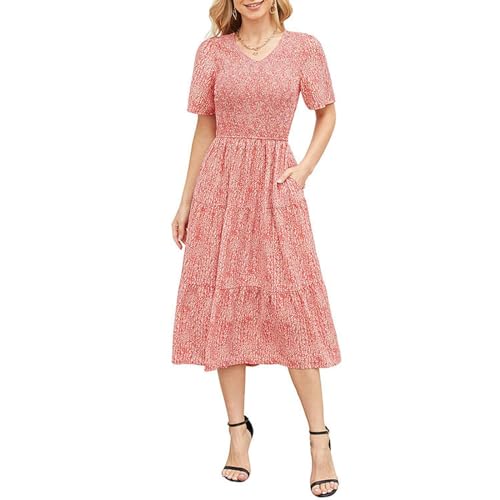 Robe d'été superposée à Smocks Floraux Boho à Manches Courtes col en V avec poches