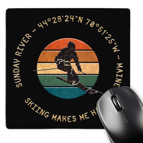 3dRose - Sunday River, Maine. Image of a Man Skier. Gold Text on Black Gift - Mouse Pad - (mp-372426-1)