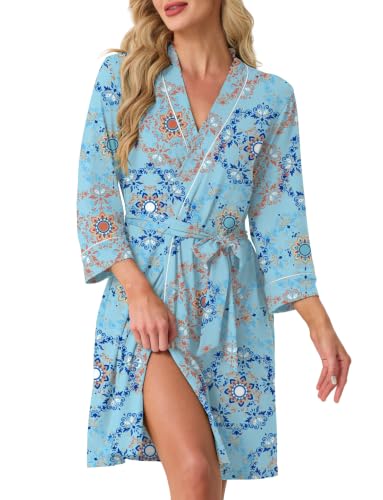 Image of PrinStory Womens Robe Knee Length Soft Knit Bathrobe S-2XL | V-Neck 3 /4 Sleeve Robes with Pockets, Lightweight, Breathable Bath Robe for Shower, Spa, Travel, Home, Party, Nursing