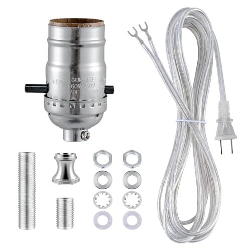 EMNOOTI Lamp Rewire Kit,Lamp Socket Replacement Kit,Antique Brass Light Socket with Matching Electric Cord Set,DIY Lamp Making Kit Lamp Wiring Kit with All Essential Hardware (Silver, 1)