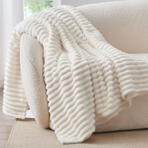 Image of BEDELITE Ribbed Twin Blanket for Couch & Bed, Cream, 66 inchx90 inch