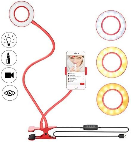 Bestter Clamp-on Selfie Ring Light with Cell Phone Holder for Live Stream,Video Chat: Dimmable (3-Light Mode,8-Level Brightness) with Flexible Arm Gooseneck Mount for iPhone 8/7/6S,Samsung,HTC (White)