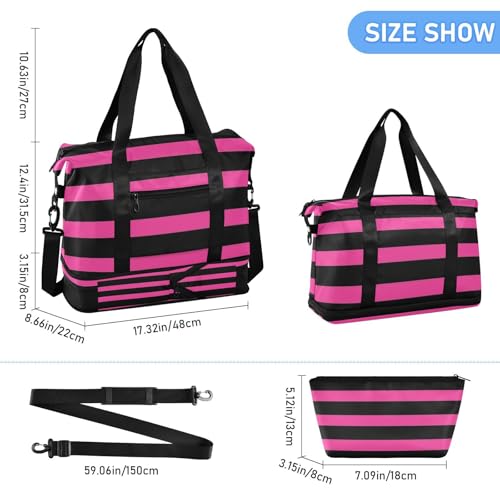 Black and Pink Rule Lines Duffel Bag Weekender Travel Overnight Bag with Toiletry Bag for Hiking Large Capacity3