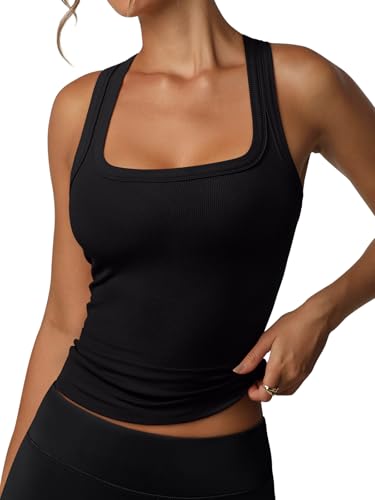 REORIA Built in Bra Tank Tops for Women Summer Sleeveless Racerback Square Neck Casual Basic Ribbed Tops 2026 Trendy Shirt Black Medium
