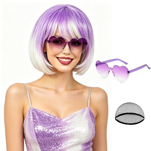 Image of PLULON Purple White Ombre Bob Wig with Bangs for Women Men, Colorful Short Funny Bob Wigs with Heart Sunglasses and Hair Cap Colored Cosplay Hairpieces for Halloween Costume Neon Bachelorette Party