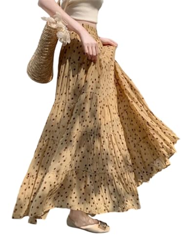 Women Polka Dot Pleated Skirts Elastic High Waist Loose A-Line Long Skirt Beach Vacation Casual Skirt3