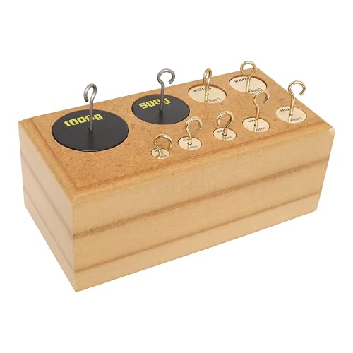 Eisco Labs Set of 9 Brass Hooked Weights - 10-1000g in Wooden Block