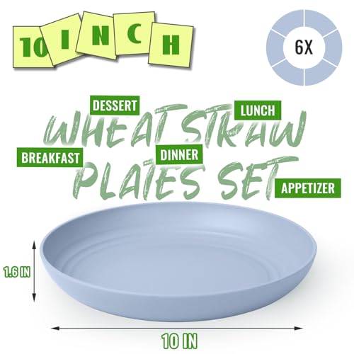 Image of 6PCS Wheat Straw Plates, 10In Unbreakable Dinner Plates, LightBlue