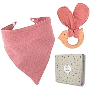 LILEJO Geschenk zur Geburt – Lätzchen und Beisring mit Grußkarte – Baby Geschenk für Mädchen – 100% Baumwolle