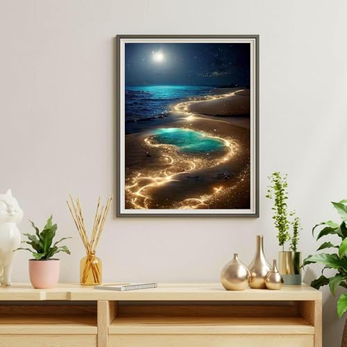 Ausanrl Beach Diamond Art Kits for Adults-Moonlight Beach 5D Diamond Art Painting Kits for Adults Beginners,Moon Gem Art Kits for Adults,Gift Home Wall Decor 12x16inch