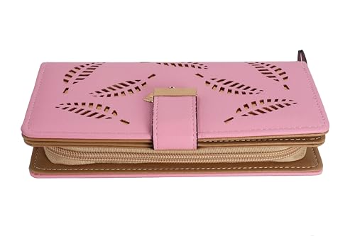 Women's long wallet, hollowed-out gold leaf pattern, double-folding zipper double-layer bag, 12 card slots, large-capacity zipper seal, 3.74 × 7.48 inches, pink purple