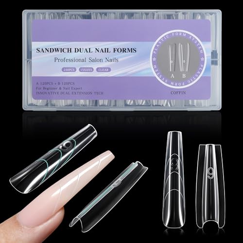 VOCOSTE 240pcs Sandwich Dual Nail Forms, Long Coffin Nail Art Tools for Quick Nail Extension, 15 Sizes Plastic Reusable Form, Long Nails DIY Salon & Bride Party Manicure Kits