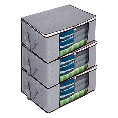 Duvet Storage Bag 3 Pack, Large Capacity Storage Bags with Zips, Clothes Bag Organizer with Reinforced Handle Thick Fabric for Comforters, Blankets, Bedding, Foldable with Sturdy Zipper, Clear Window Cover