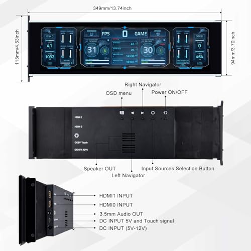 Image of GeeekPi 12.6 Inch IPS LCD Touch Screen Monitor FHD 1920x515 Display, Fit for Hyte Y60 PC Case CPU GPU Secondary Monitor Panel, Built-in Dual Speakers, Plug & Play,with up to 10-Points of Multi-Touch