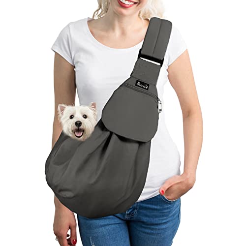 SlowTon Dog Carrier Sling – Thick Padded Shoulder Strap Adjustable Dog Carriers for Small Dogs, Puppy Carrier Purse for Pet Cat with Front Zipper Pocket Safety Belt Machine Washable (Grey M)