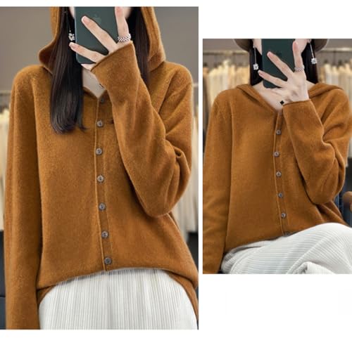 Image of Cashmere Sweaters for Women Button Down V Neck Hooded Cardigan Casual Loose Long Sleeve Soft Knit Pullover Tops