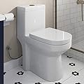 HOROW HWMT-8733 Small Compact One Piece Toilet For Bathroom, Powerful & Quiet Dual Flush Modern Toilet, 12'' Rough-In Toilet & Soft Closing Seat Include, 25"D x 13.4"W x 28.4"H, White, Gold Button