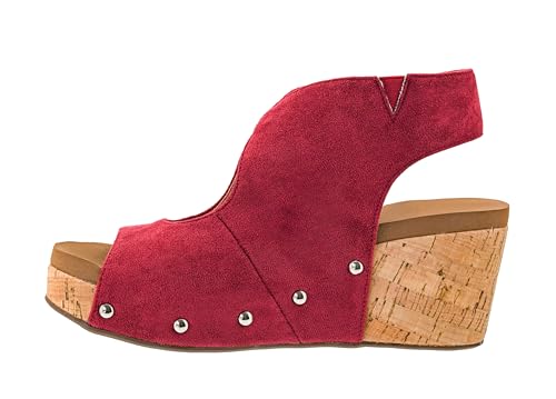 Corkys Footwear Womens Frisky Wedge - Featuring a 2.5-Inch Heel, A Lightweight Cork Heel, Adjustable Ankle Strap, and All-Day Comfort for Effortless Style - Dark Red Faux Suede, Size 8