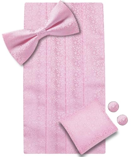 Image of Dubulle Mens Cummerbund and Bow Tie Set Paisley Floral Pretied Bowties for Men Pocket Square Cufflinks Wedding Business