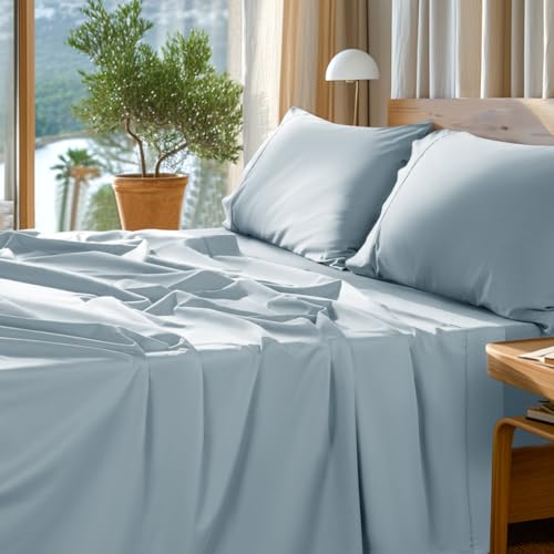Image of SONORO KATE 1000 Series 100% Egyptian Cotton King Sheet Set,4 Pieces | Soft,Breathable Long Staple,Sateen Weave,Luxury 5-Star Hotel Bed Sheets,16 inch Deep Pocket,Light Blue