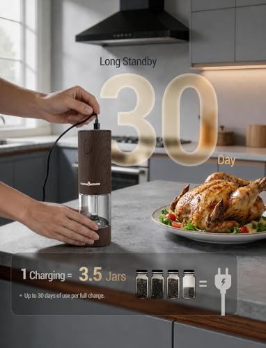 Image of ThermoMaven Electric Salt and Pepper Grinder Set, 110ml Larger Rechargeable Automatic Salt and Pepper Mill Grinder with 6 Adjustable Coarseness, Electric Salt and Pepper Shakers, LED, Black Walnut