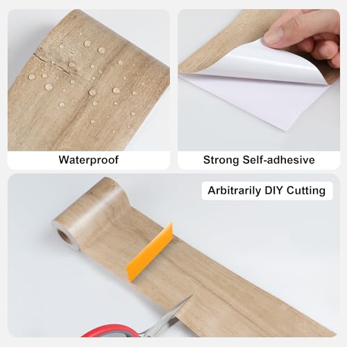 Image of JUNART Wood Grain Repair Tape(10cmx1000cm), Self-Adhesive Waterproof Realistic Textured Repair Duct Tape for Tables, Baseboards, Doors, Windows, and Floors with Plastic Scraper(Yellow Teak)